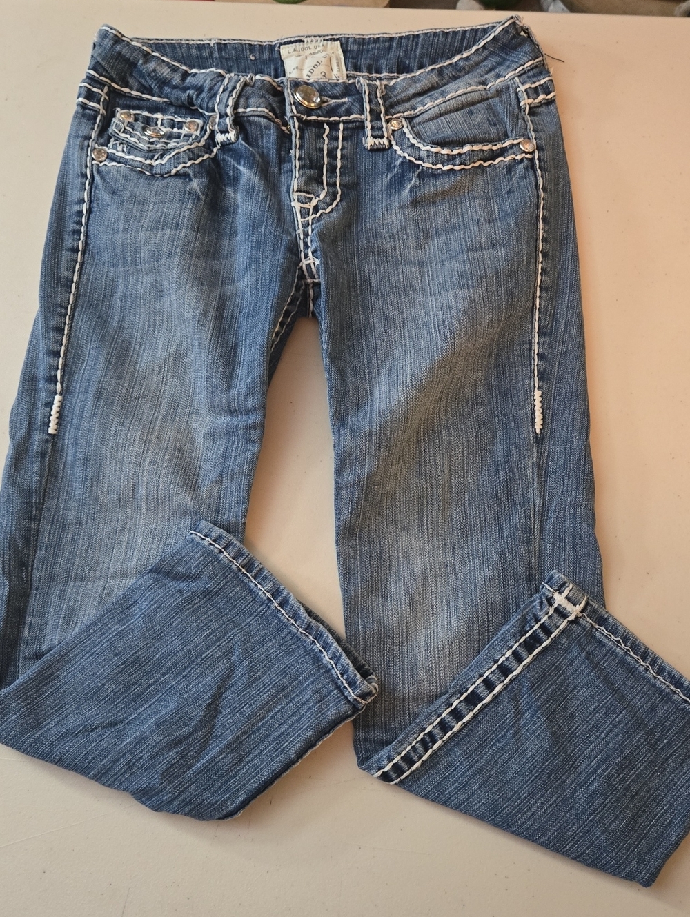 L.A. IDOL USA Low Rise Thick Stitch Bling Capris Size 3 Flap Pocket Y2K